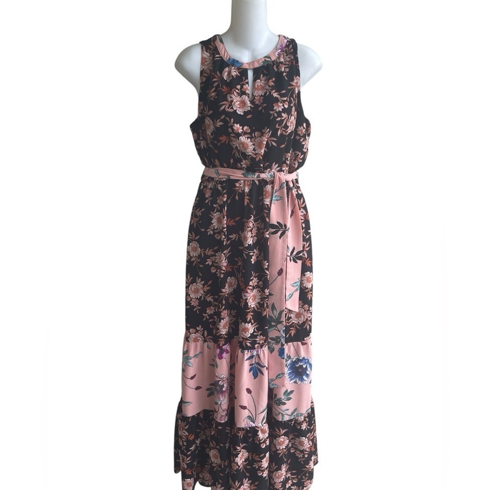 Spense Black Multi Tired Floral Maxi Dress Sleevelss Tie Belt Pullover Ladies 10
